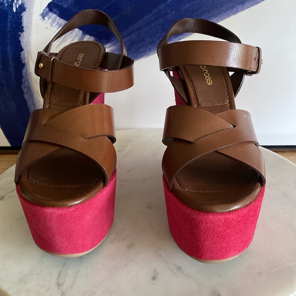 NEW SERGIO ROSSI Brown Leather & Berry Suede Platform Wedge Sandals Size 38 1/2 - Picture 3 of 17